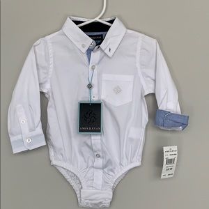 Andy and Evan White button down onesie